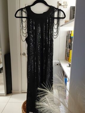 Black Sequin Midi Dress with Beaded Shoulder Chains